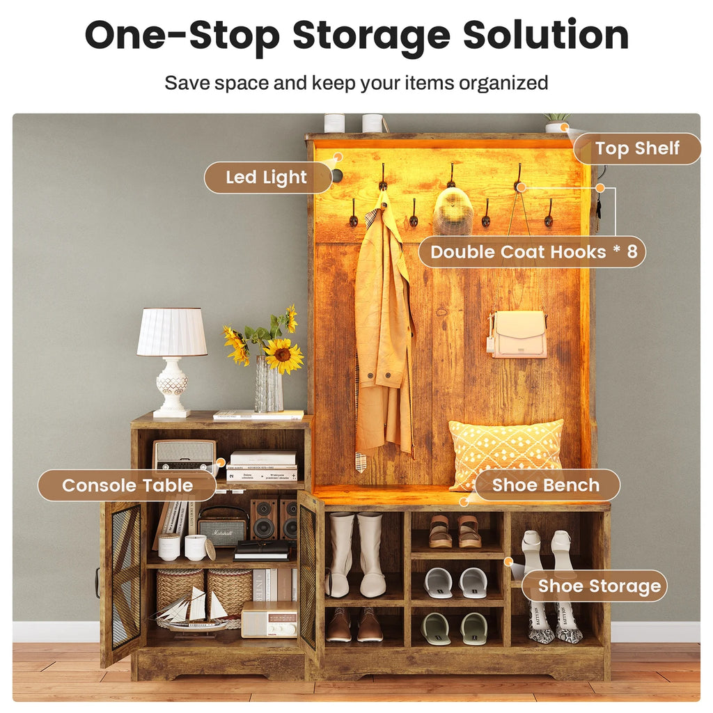 Farmhouse Wood Hall Tree with Shoe Bench and Console Table, LED 4-in-1 Coat Rack with 8 Hooks and 7 Adjustable Shoe Cubbies, Multifunctional Entryway Storage Organizer with Cabinet, Vintage White