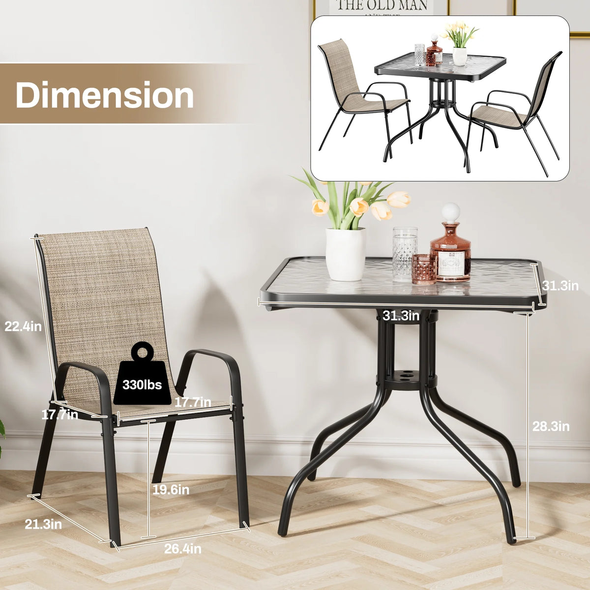 Pirecart 5-Piece Outdoor Patio Dining Table Set with 4 Stackable Textilene Chairs for for Patio, Lawn, Garden, Gray