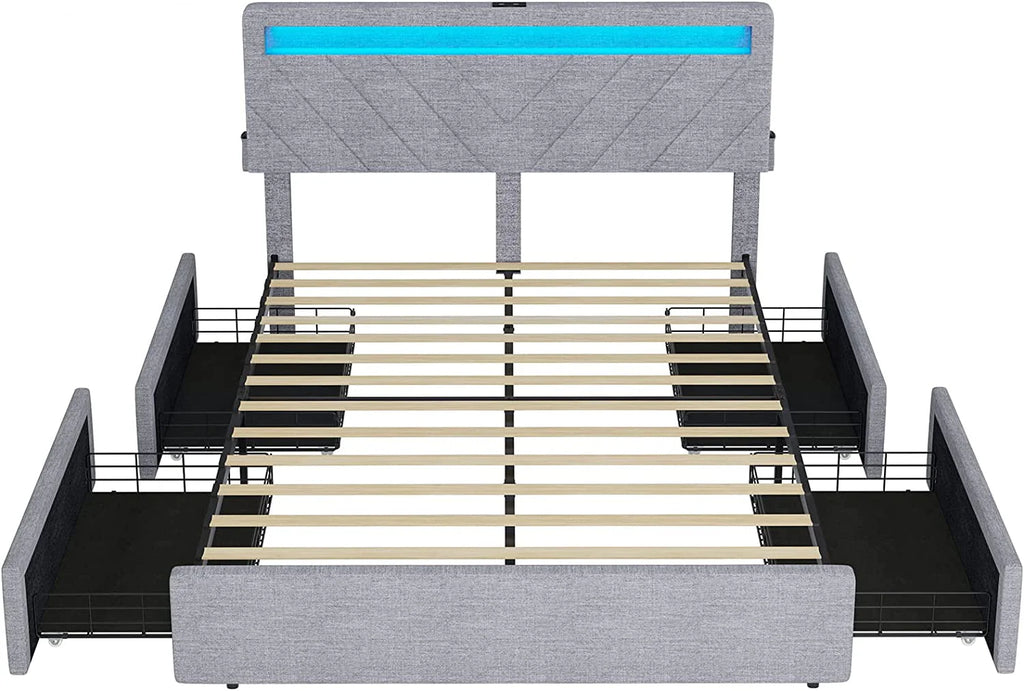 ADORNEVE Queen Size LED Bed Frame with Drawers, Upholstered Platform Bed with 2 USB Charging Station, No Box Spring Needed, Light Grey