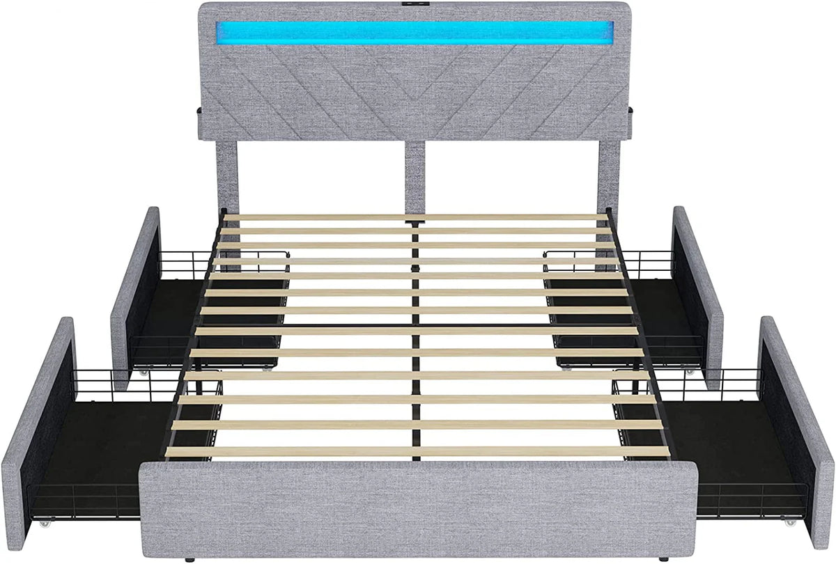 ADORNEVE Queen Size LED Bed Frame with Drawers, Upholstered Platform Bed with 2 USB Charging Station, No Box Spring Needed, Light Grey