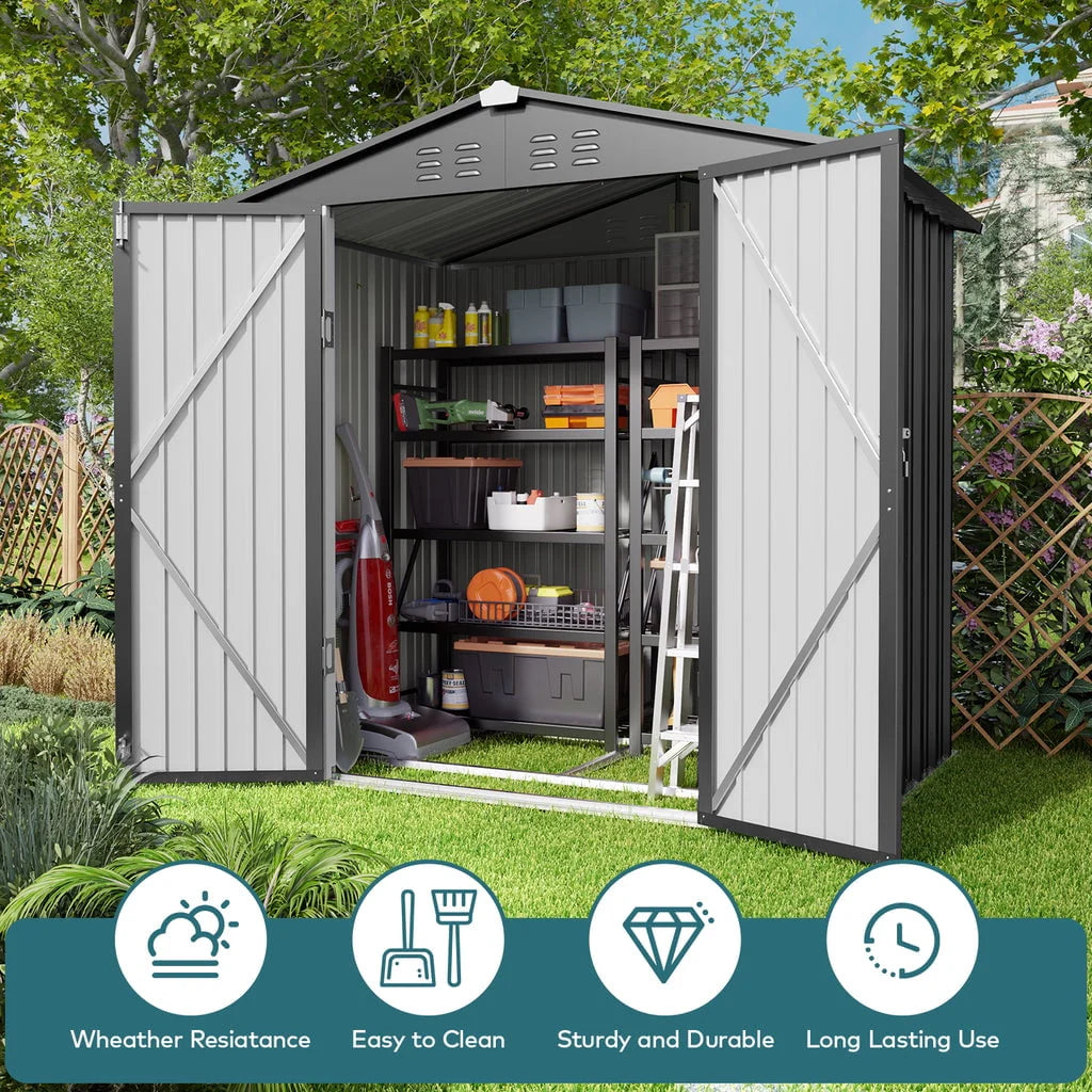 Aiho 6 x 4 FT Outdoor Storage Shed on Clearance with Metal Base  Frame and Double Lockable Doors for Garden, Patio- Grey