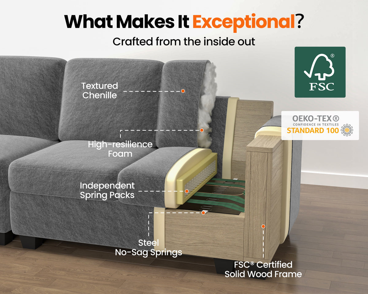 CHIC HOUSE 154.5" Sectional Sofa with Storage Ottoman Chaise, Corduroy U Shaped Sofa Convertible Sectional Couches for Living Room, 12 Seater Corner Modular Sofa with Deep Seat Throw Pillows, Green