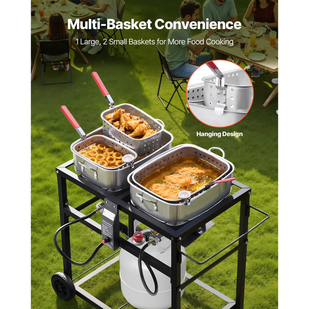 KFFKFF Outdoor Propane Deep Fryer, Dual-Tank 18QT x 2 Commercial Fryer, Portable Frying Cart with Wheels, 3 Baskets, 2 Thermometers, Stainless Steel Cooker for Fish, Wings, and Fries, 40,000 BTU