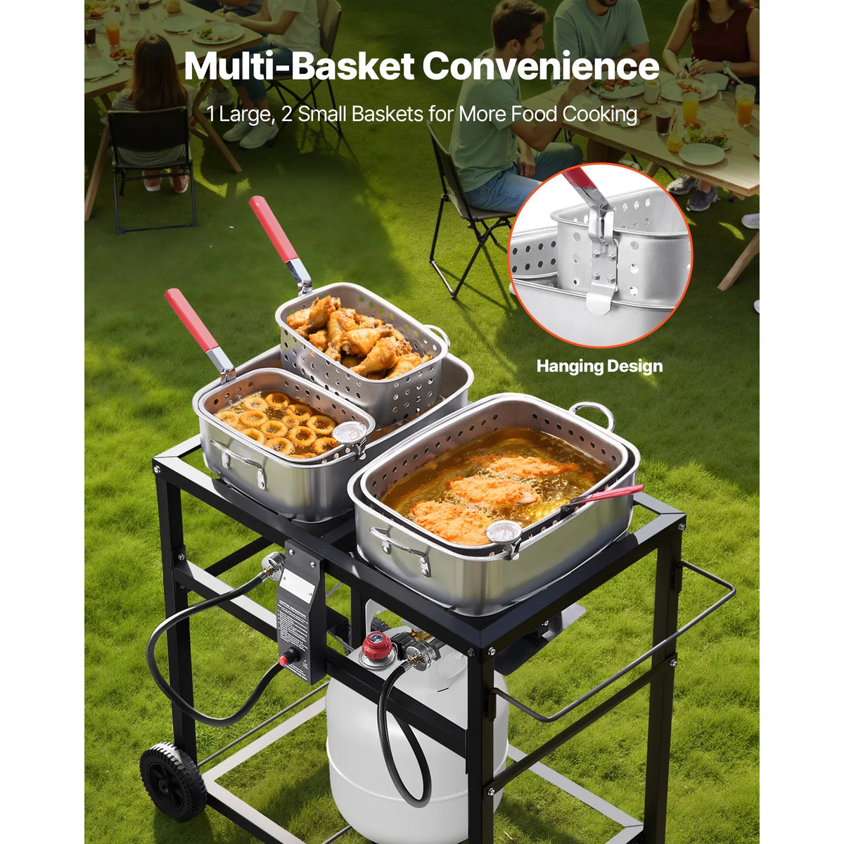 KFFKFF Outdoor Propane Deep Fryer, Dual-Tank 18QT x 2 Commercial Fryer, Portable Frying Cart with Wheels, 3 Baskets, 2 Thermometers, Stainless Steel Cooker for Fish, Wings, and Fries, 40,000 BTU