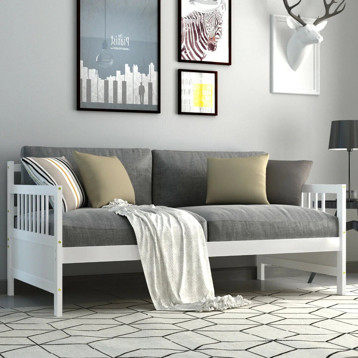 Gymax Twin Size Wooden Slats Daybed Frame Support Platform W/Rails White