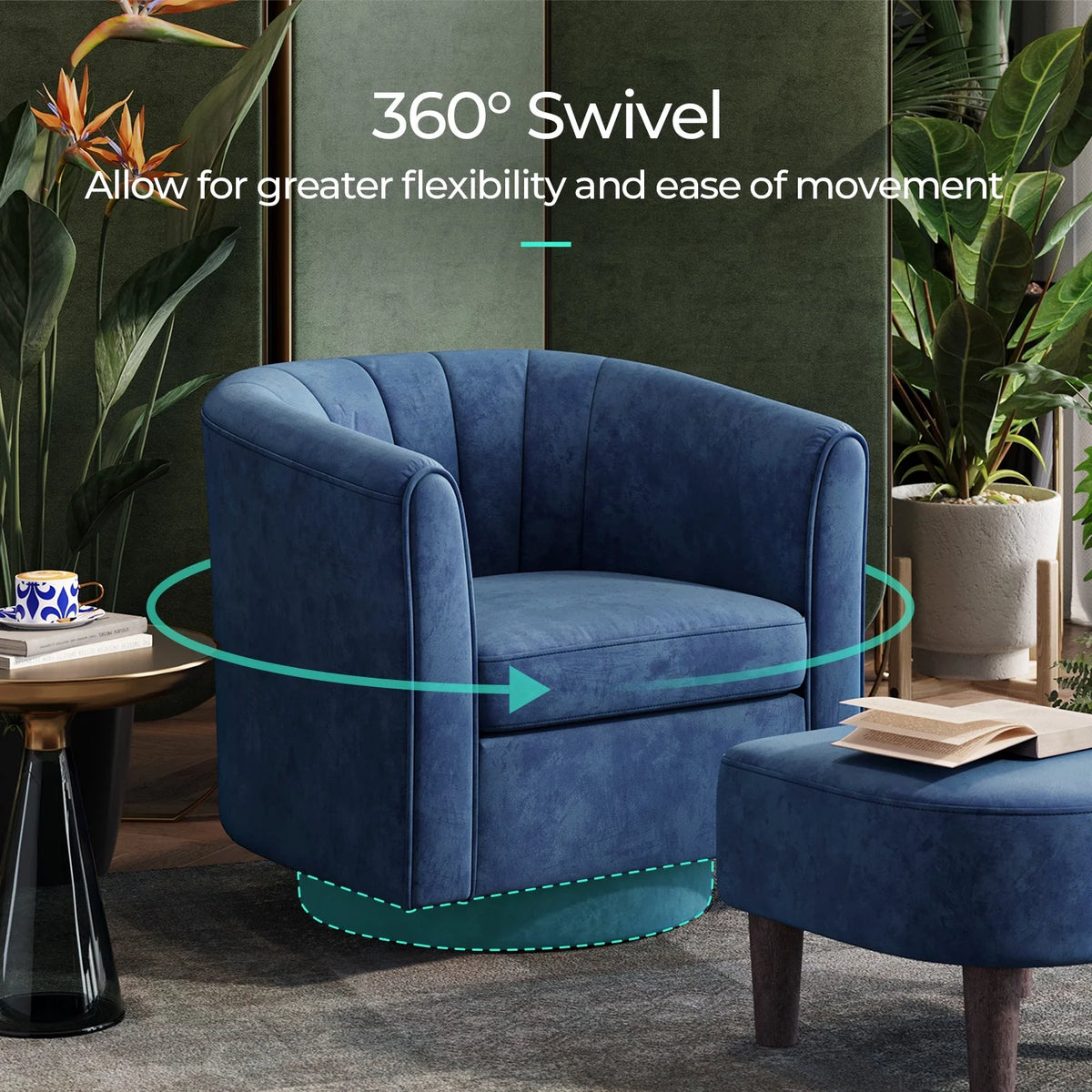 LINSY HOME Swivel Accent Chair with Ottoman, Velvet Barrel Chair for Living Room, Blue