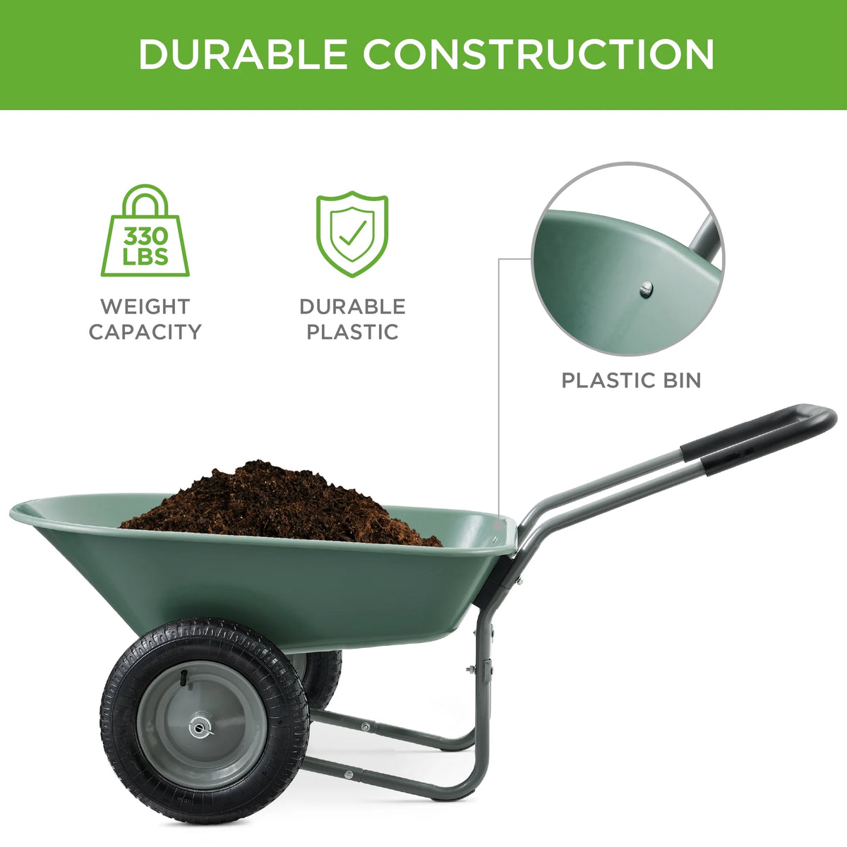 Best Choice Products Dual-Wheel Home Wheelbarrow Yard Garden Cart for Lawn, Construction - Green