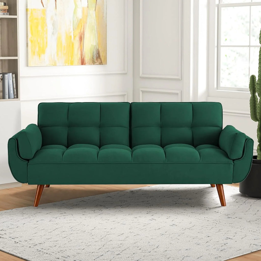 Mydepot Convertible Futon Sofa Bed, Adjustable Couch Sleeper Modern Fabric Recliner Reversible Loveseat Folding Daybed Guest Bed, Armrests, Yellow