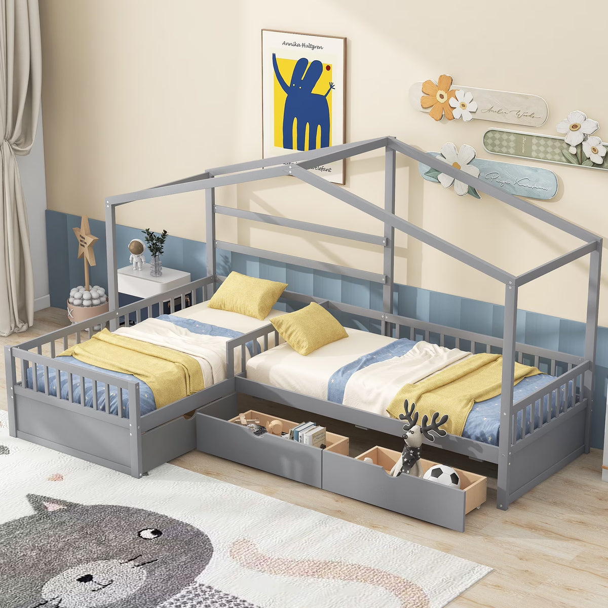 Bellemave House Bed Double Twin Beds, Wood L-Shape Twin Bed with 3 Storage Drawers, Montessori Bed with Roof and Fencefor Toddler Kids Girls Boys (White)