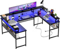Homieasy U Shaped Desk with Power Outlet, 83 inch Reversible L-Shaped Gaming Desk with Monitor Stand and LED Strips, 2 Person Corner computer Desk with Storage Shelf for Home Office, Black