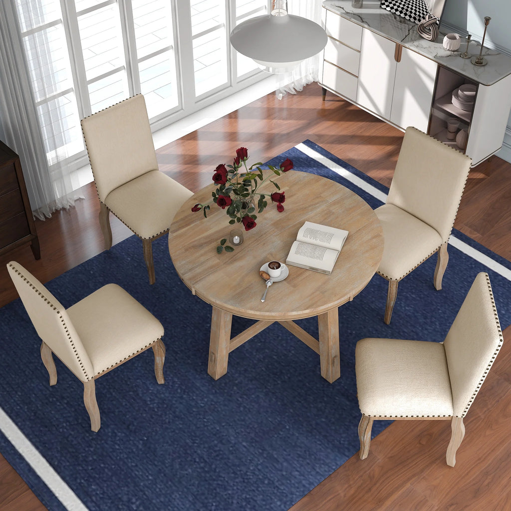 Sumdeal 5-Piece Farmhouse Dining Table Set, Wood Round Extendable Dining Table and 4 Upholstered Dining Chairs (Espresso-1Table 4 Chairs)