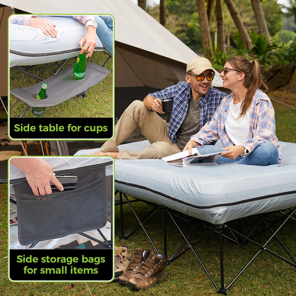 FUNDANGO 2 Person Folding Camping Cots with Air Mattress and Pump Comb, Double Portable  Inflatable  Camp Bed with Side Table, Support 529lbs Camping Bed Queen Size for Adults