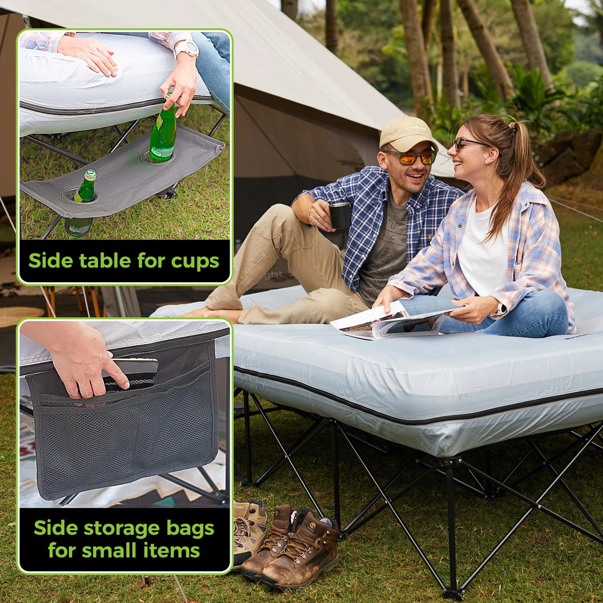 FUNDANGO 2 Person Folding Camping Cots with Air Mattress and Pump Comb, Double Portable  Inflatable  Camp Bed with Side Table, Support 529lbs Camping Bed Queen Size for Adults