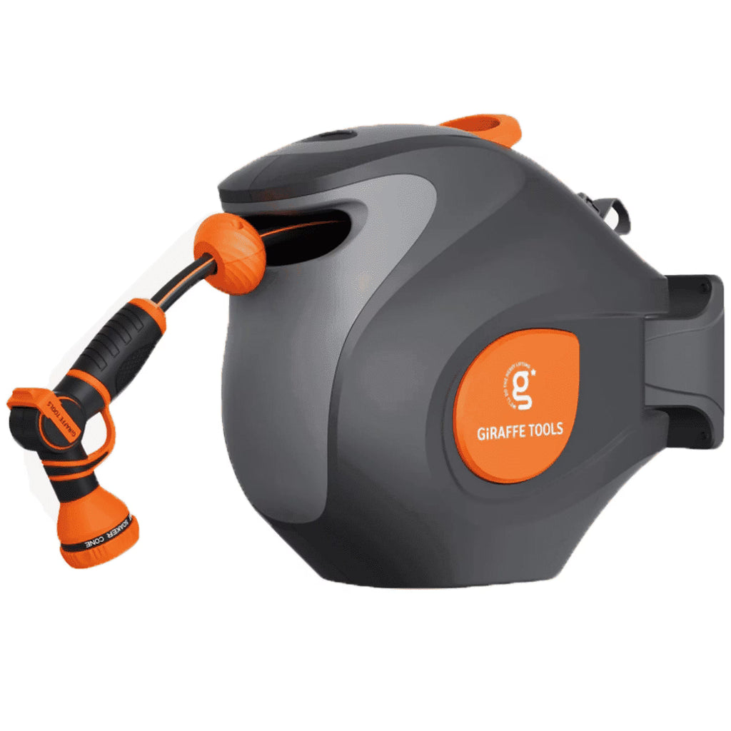 Giraffe Tools Retractable Garden Hose Reel with 1/2in-100ft Water Hose, Plastic Bracket, Wall Mounted, Dark Grey