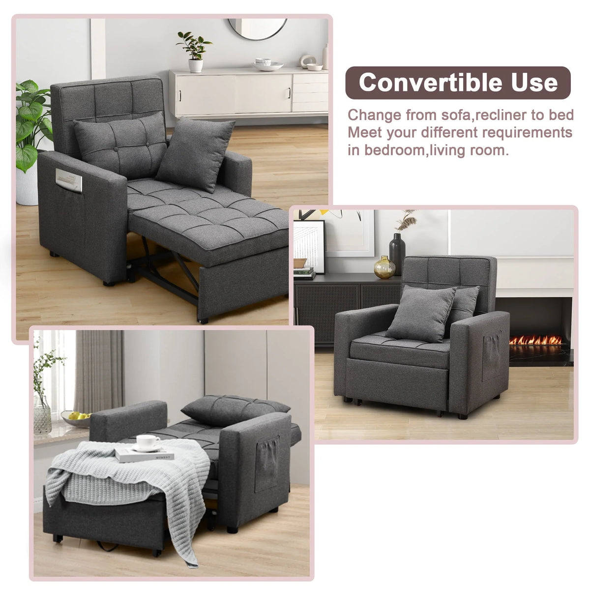 Tolead 3-in-1 Convertible Sofa Bed Sleeper Chair with Adjustable Backrest, Gray
