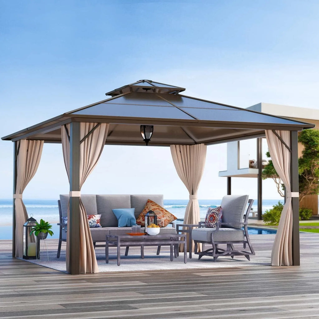 Yoleny 12'x16' Outdoor Polycarbonate Double Roof Hardtop 12 ft Gazebo Canopy, Brown