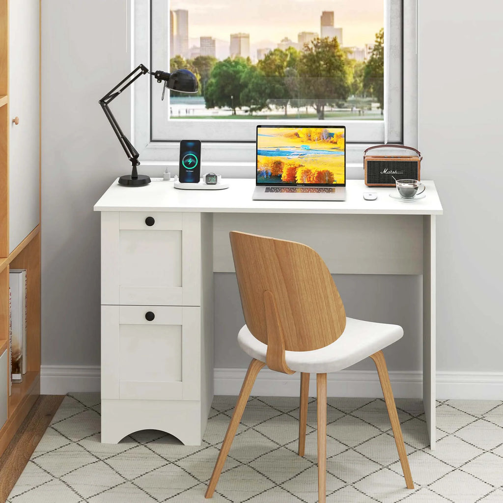 Costway 43" Home Office Desk with Charging Station Compact Study Writing Desk Walnut