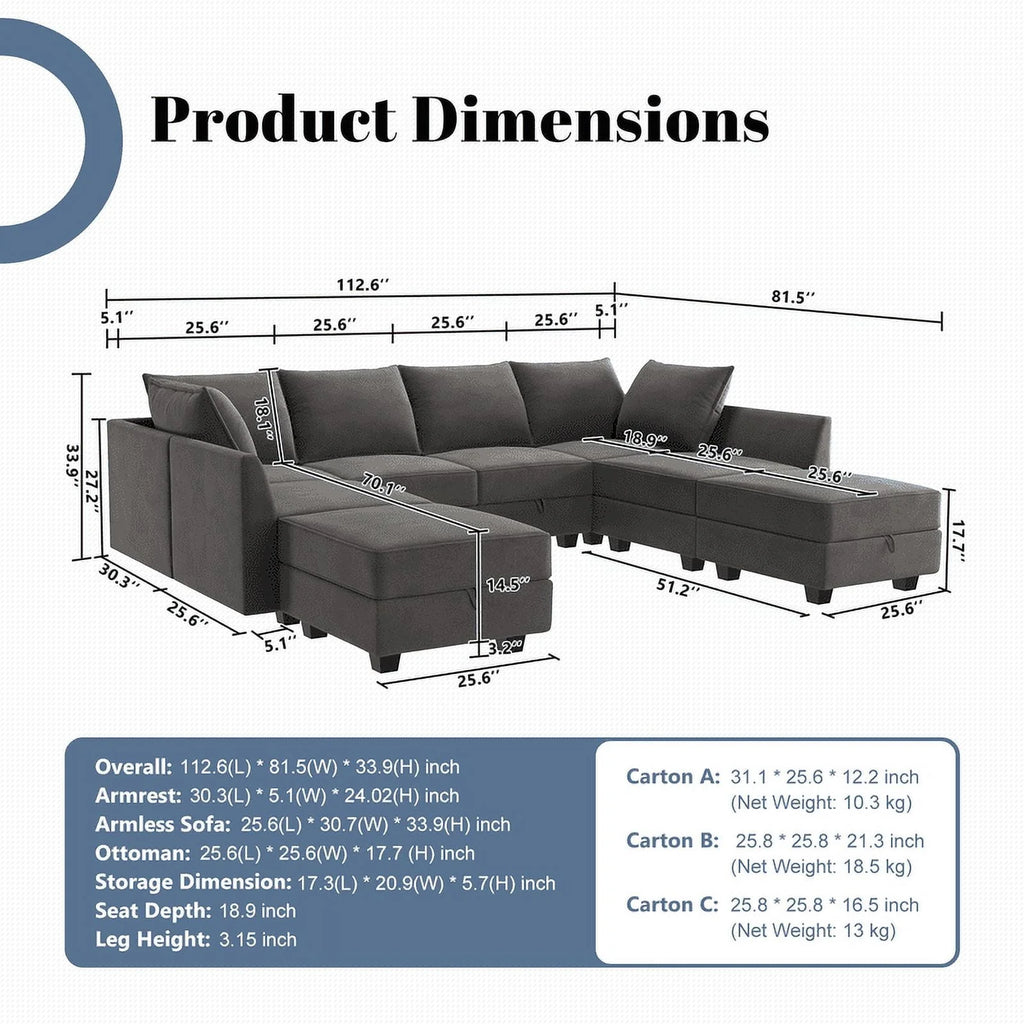 HONBAY Modular Sectional Sofa with Ottoman Oversized U Shaped Couch with Reversible Chaise Velvet Sleeper Modular Sofa Convertible Sectional Couch for Living Room, Grey