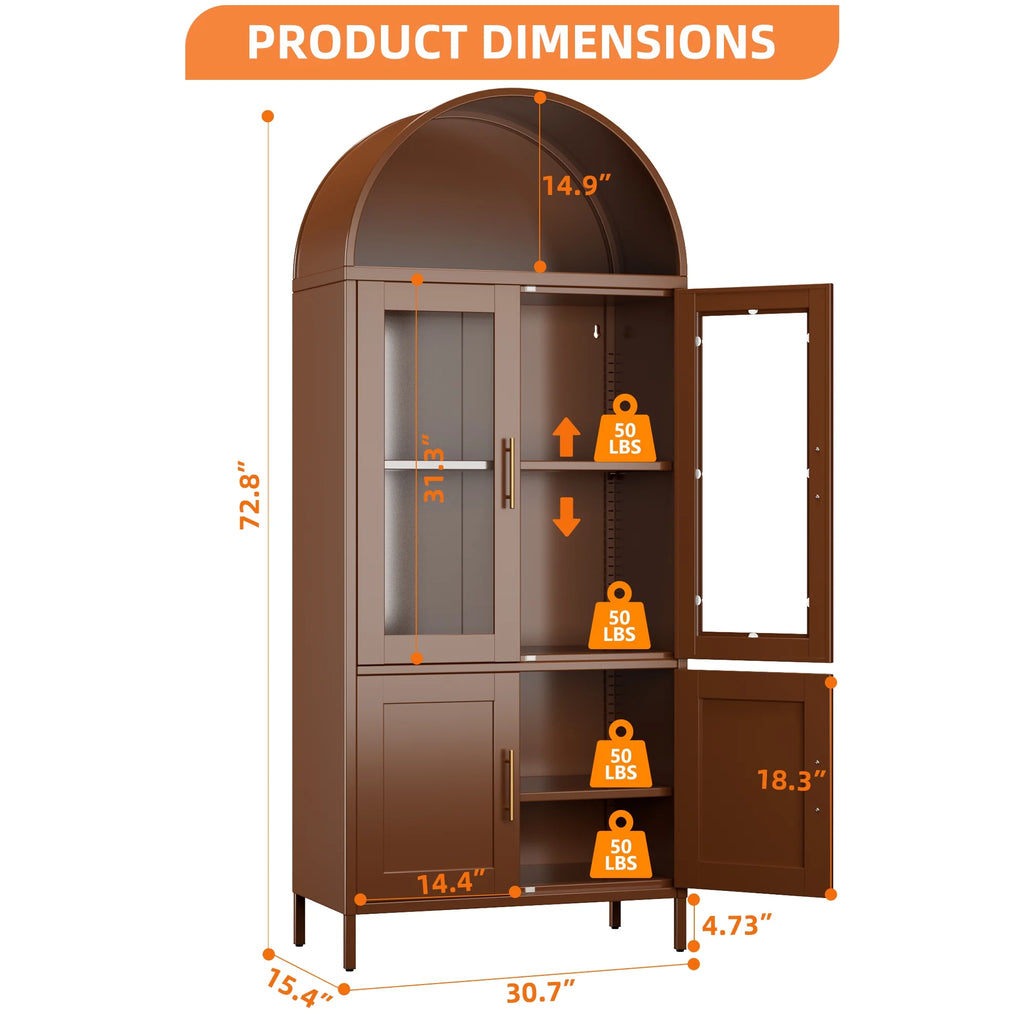 SUPEER Metal Arched Storage Display Cabinet with Glass Doors and Adjustable Shelves, Lockable Cabinet, Assembly Required, Black