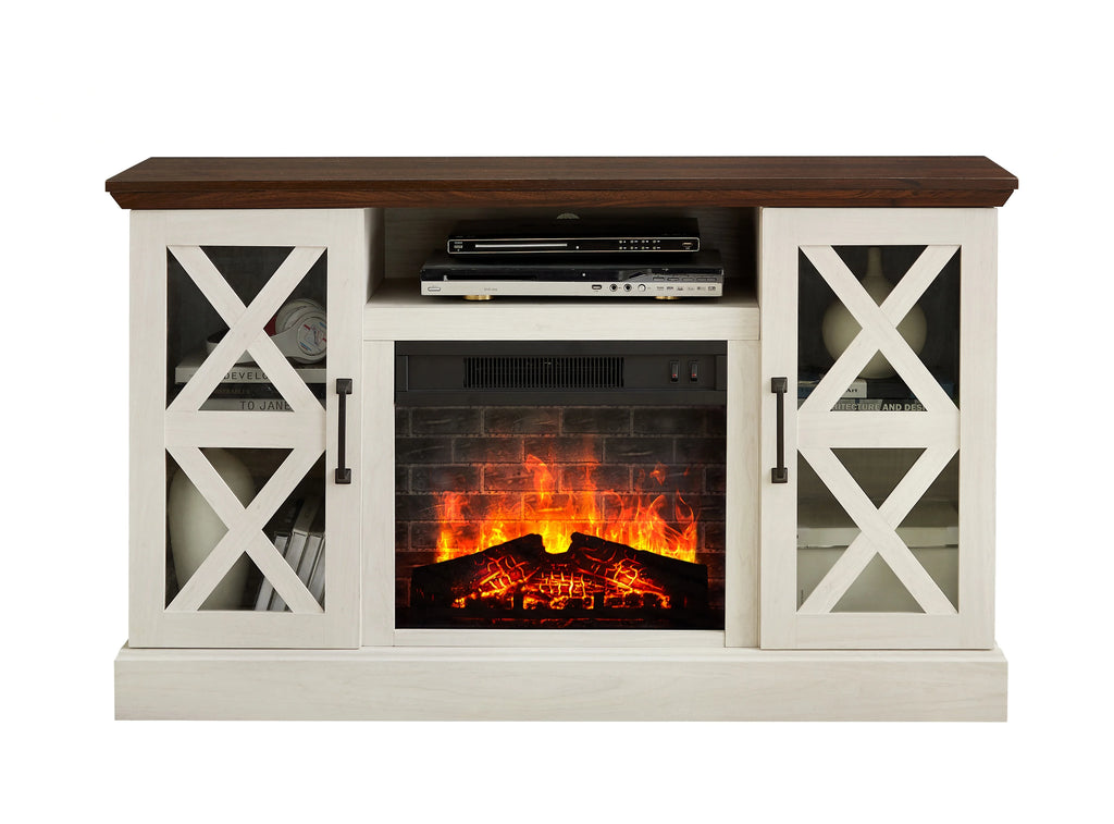 Mainstays Farmhouse Fireplace TV Stand for TVs up to 55", off White/Walnut