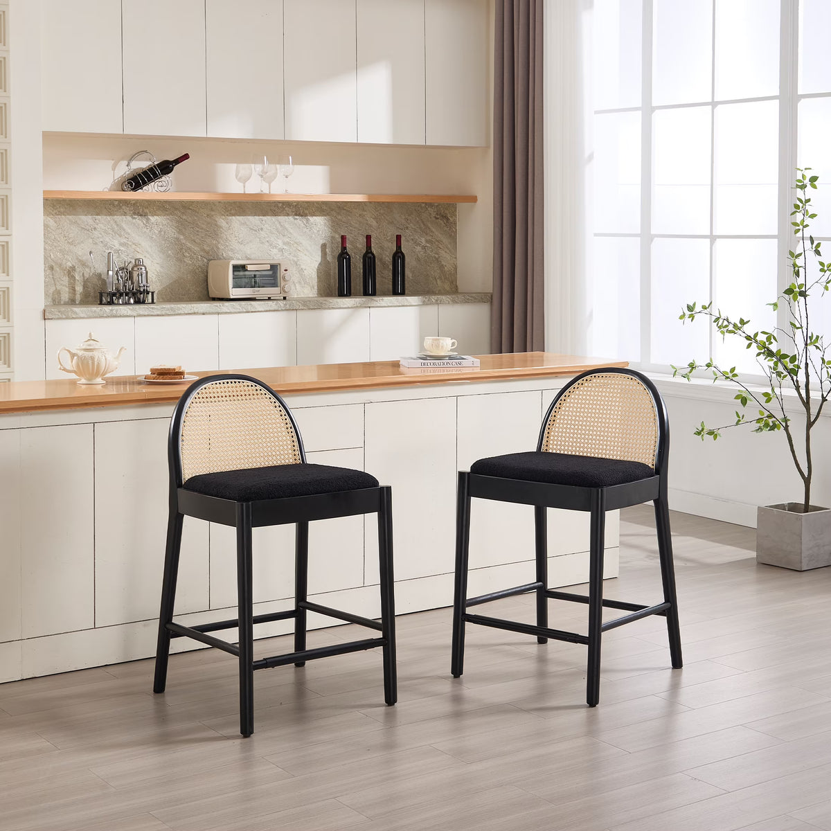 Guyou Modern Bar Stools Set of 2, 26" Counter Height Bar Stools with Natural Rattan Back and Solid Wood Frame, Sherpa Upholstered Kitchen Island Chairs for Bar Island Cafe Kitchen, Black