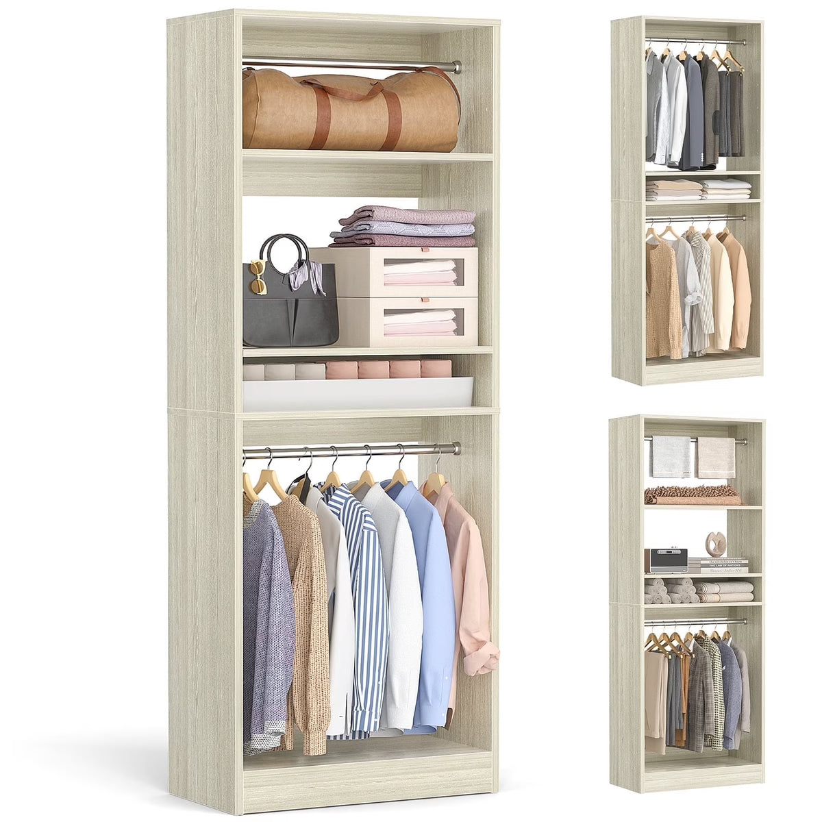 Homieasy 25�?Closet System, Freestanding Closet Organizer Wardrobe with Hanging Rods and Shelves, Adjustable Clothes Garment Rack, Sturdy Walk in Closet Tower, White