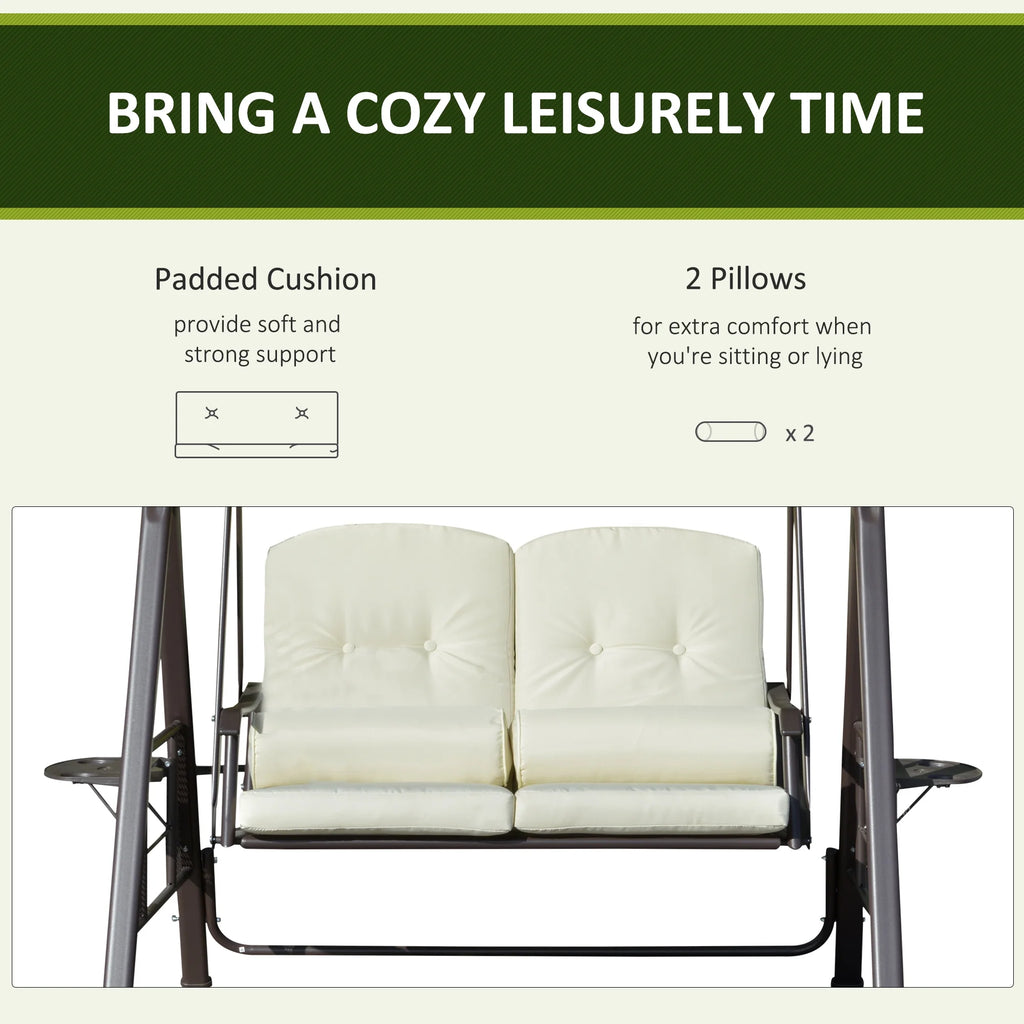 Outsunny 2-Person Patio Swing Bench with Adjustable Shade Canopy, Soft Cushions, Throw Pillows and Tray, Beige.