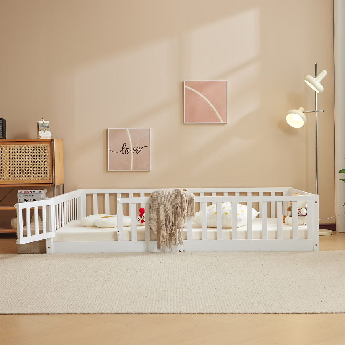 Ktaxon Montessori Twin Floor Bed with Safety Guardrails, Toddler Bed Frame for Kids, Wood Frame - Nature