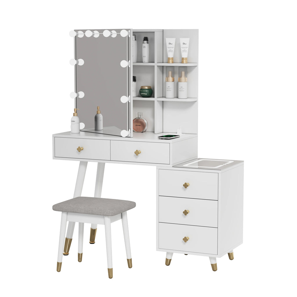 Kadyn Vanity Desk with Lighted Mirror, Vanity Table and Chair Set with 2 Drawers, Dressing Table Makeup Desk with 1 Door, Retro Gray