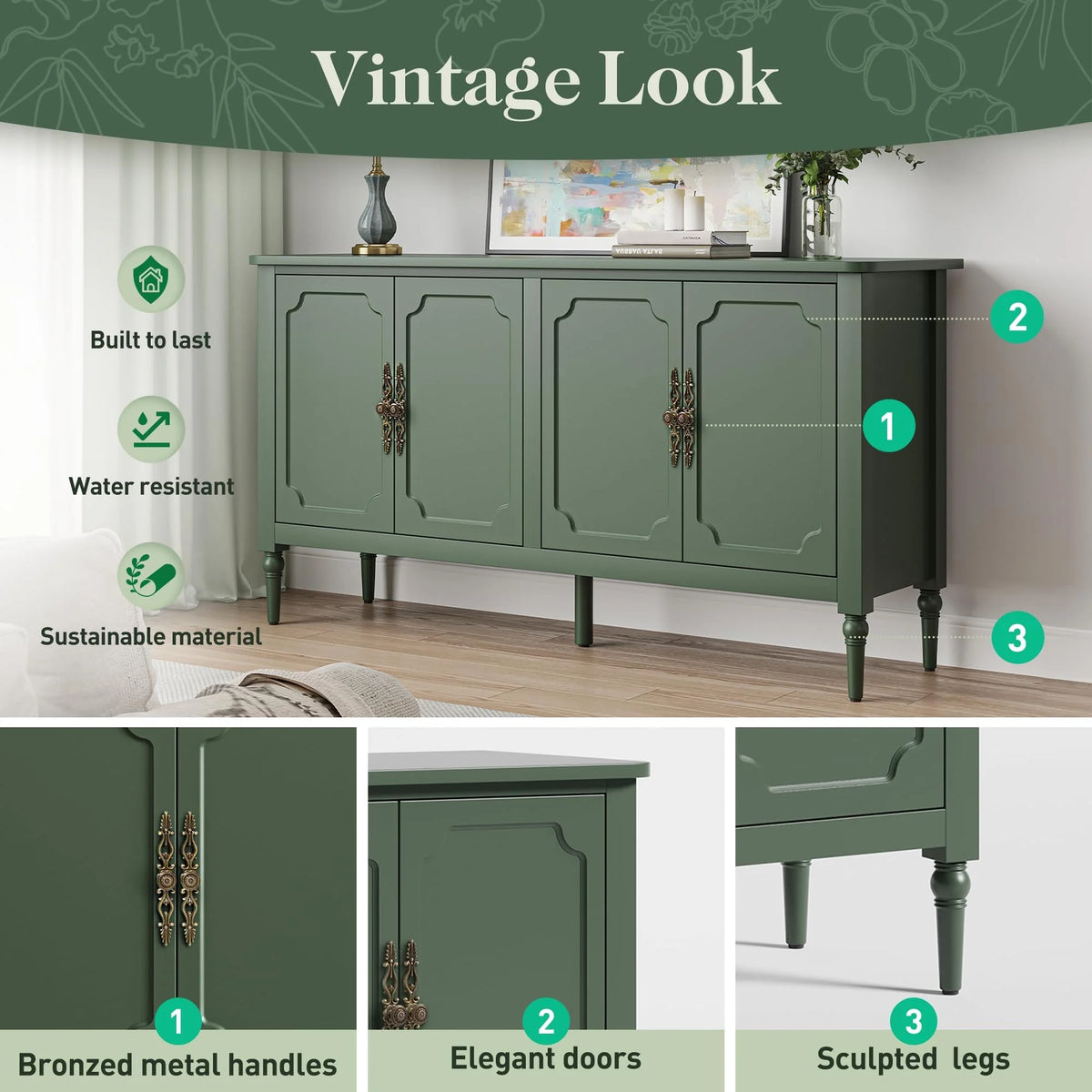 May in Color Console Cabinet, 58'' Wood Sideboard Buffet Cabinet with Storage & 4 Doors, Mid Century Modern Pantry Cabinet for Entryway, Living Room, Bedroom, Dining Room, Green