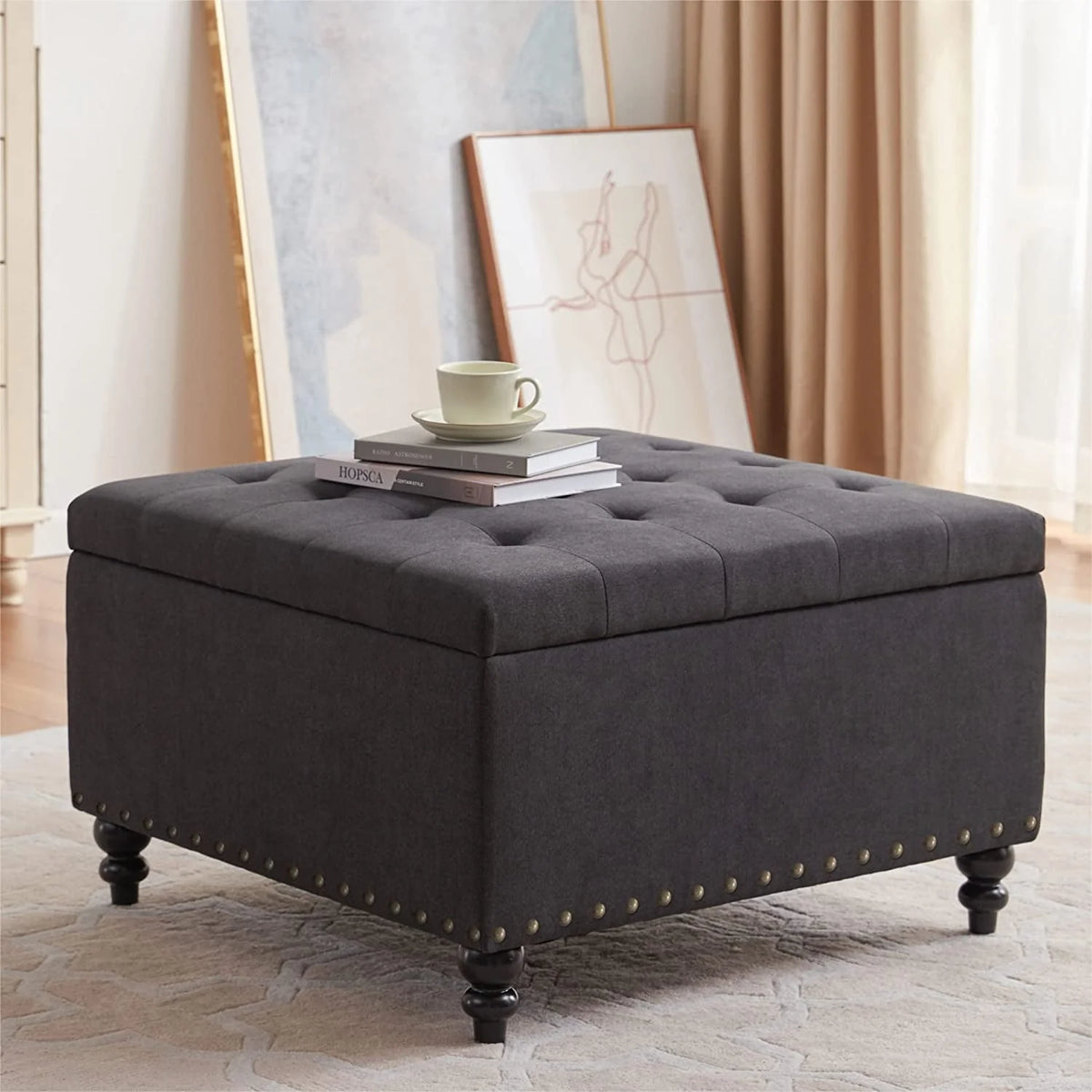 HUIMO Large Square Storage Ottoman Bench, 30-inch Wide Storage Bench Coffee Table with Tufted Oversized, for Living Room (Beige)