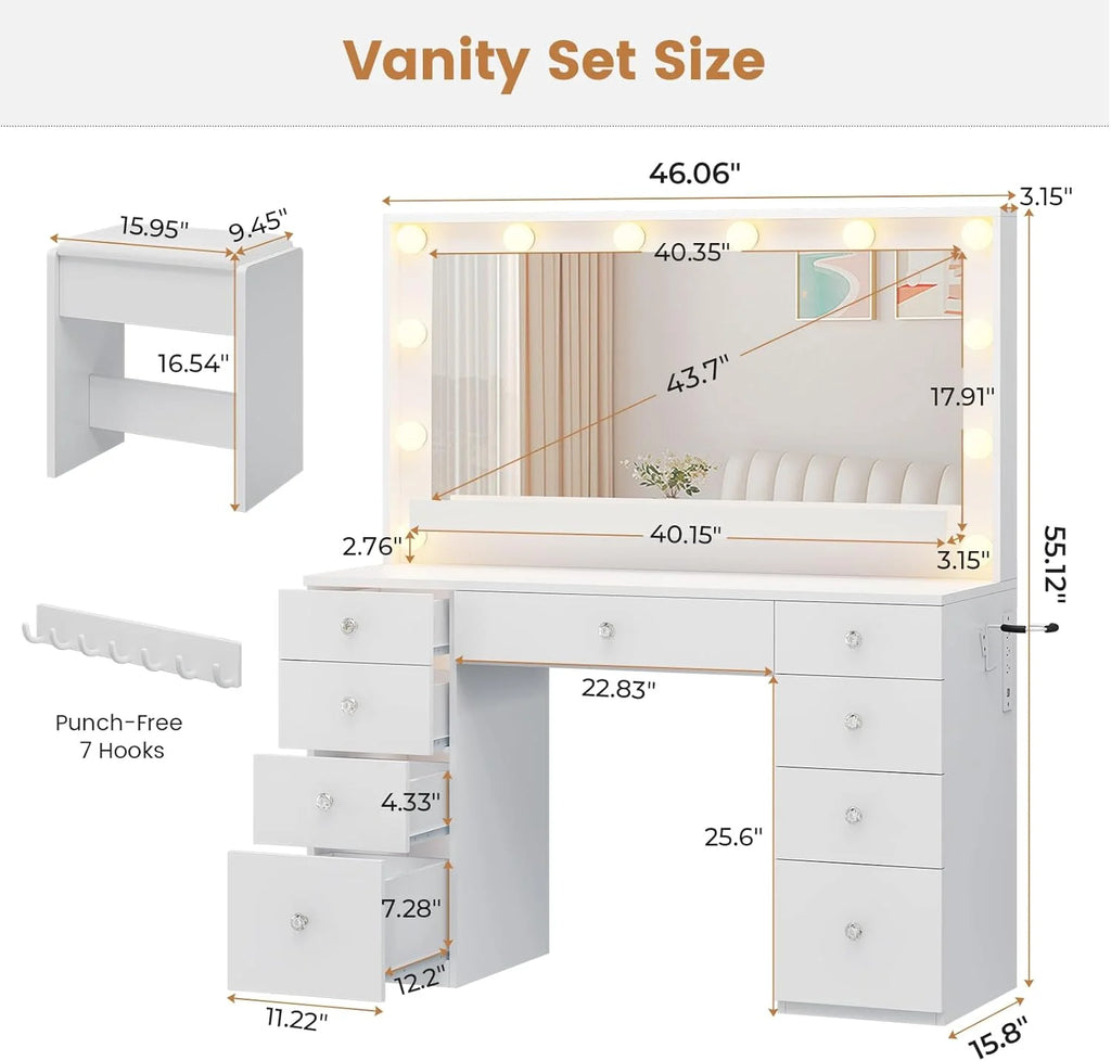 Aunfebrco White Vanity Desk Makeup Vanity Table with Mirror and Lights and Charging Station, Large Dressing Table with Storage Cabinet&6 Drawers&4 Storage Shelves for Bedroom