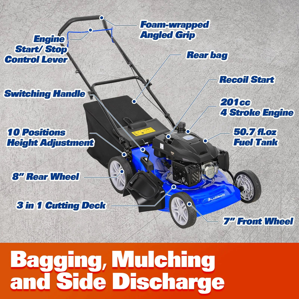 Anlibatt 21 Inch Gas Lawn Mower, Gasonline Lawnmower Walk-Behind Push Mowers With Bagging 201cc 5.7HP 4-Cycle OHV Engine, Adjustable Cutting Height Gas Powered Lawnmower