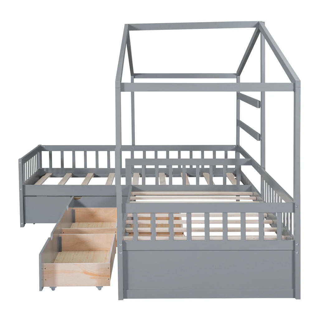 Bellemave House Bed Double Twin Beds, Wood L-Shape Twin Bed with 3 Storage Drawers, Montessori Bed with Roof and Fencefor Toddler Kids Girls Boys (White)