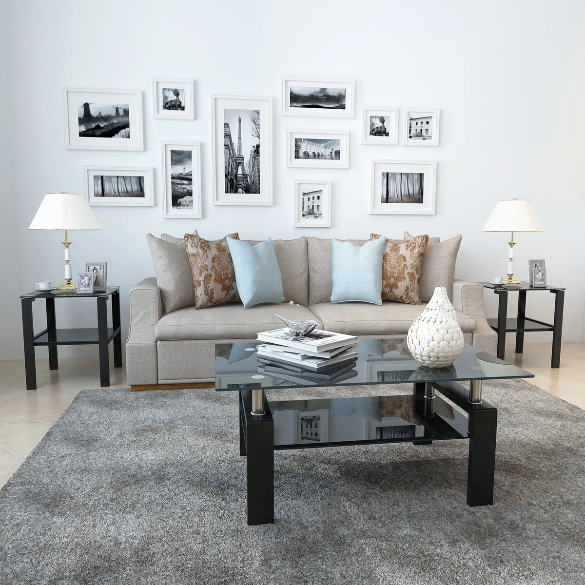 Black Glass Coffee Table Set of 3 Piece, Living Room Table Set of 3, Black Coffee Table and End Coffee Table Sets, Metal Frame (All Black A, Set of 3)
