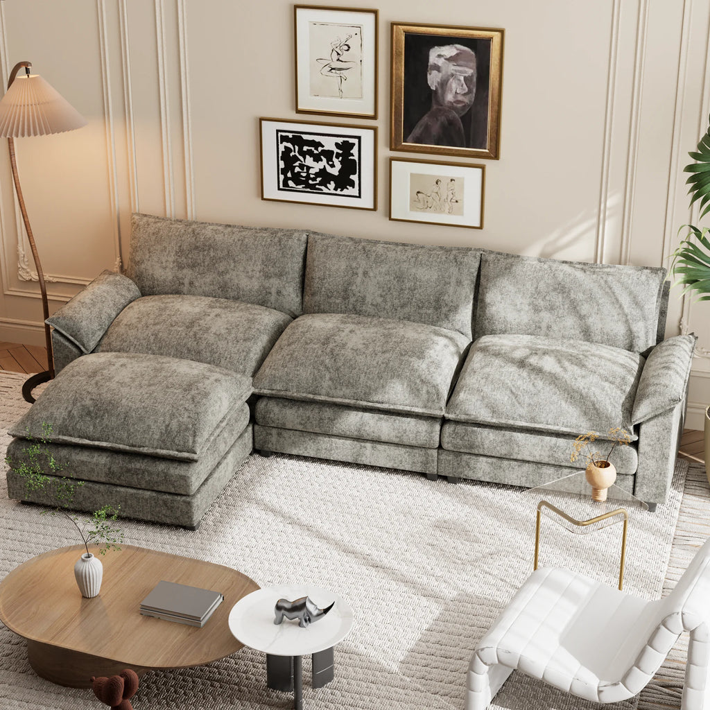 Homall Sectional Sofa 3-seat L-shaped Sofa with reversible toffee chair Movable Footrest Sofa,White