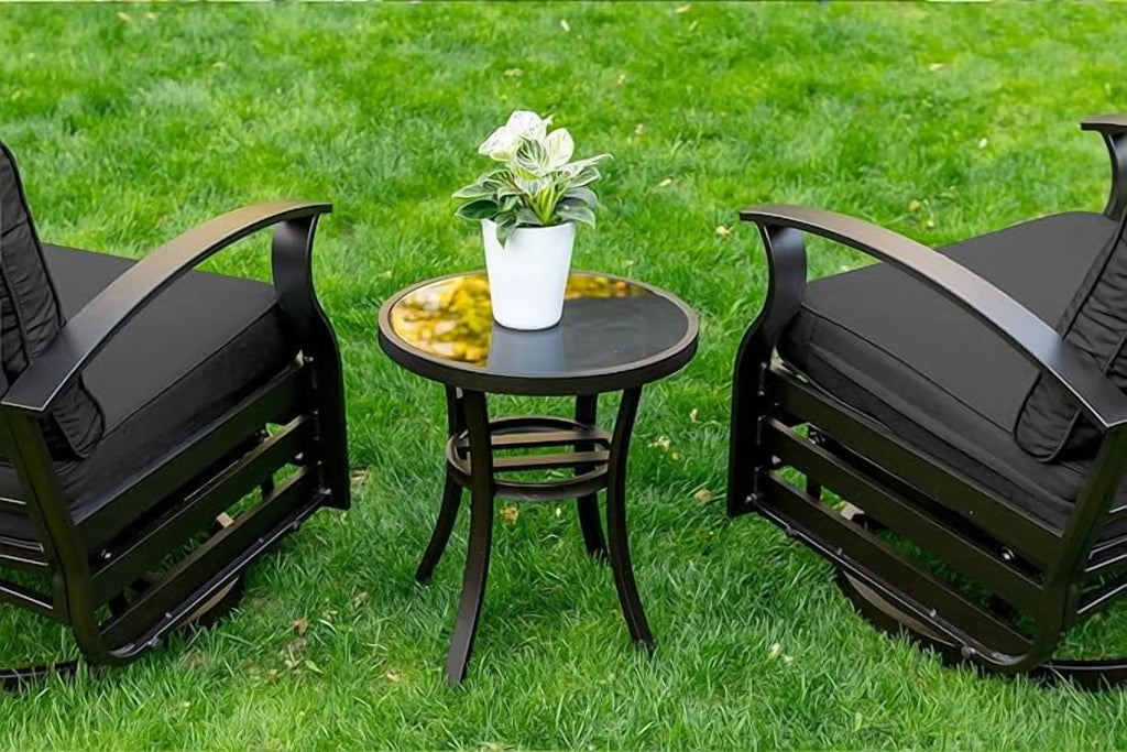 ALAULM 3 Piece Patio Outdoor Aluminum Metal Swivel Rocking Chair with 1 Coffee Table and 2 Khaki Padded Cushions Outdoor Metal Swivel Rocking Chair Furniture Conversation Set for Porch Garden