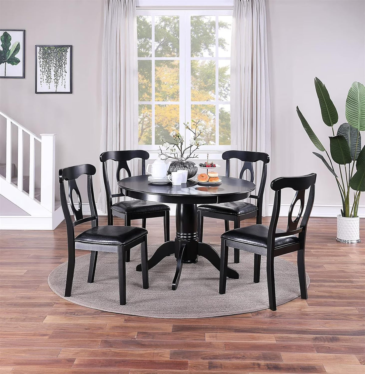 Sumdeal 5-Piece Farmhouse Dining Table Set, Wood Round Extendable Dining Table and 4 Upholstered Dining Chairs (Espresso-1Table 4 Chairs)