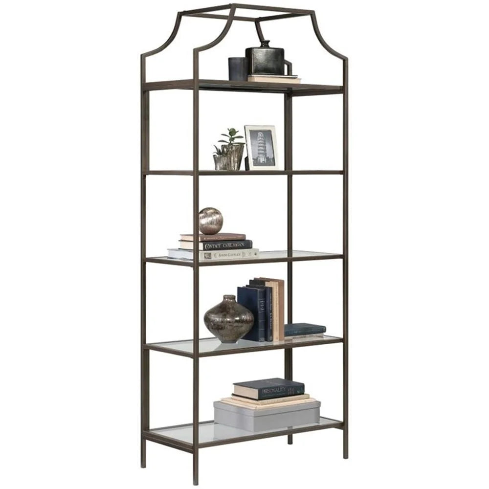 Pemberly Row 5-Shelf Modern Metal Bookcase in Gold Satin/Faux Deco Stone