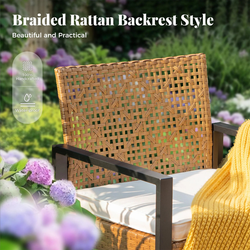 MF Studio 4-Piece All-Weather Rattan Patio Furniture Set, Outdoor Conversation Set with Wood Table, Brown and Beige