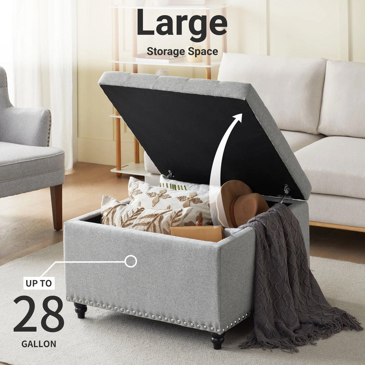 Gericco Large Square Storage Ottoman Bench, Tufted Upholstered Coffee Table Ottoman with Storage, Oversized Storage Ottomans (Gray)