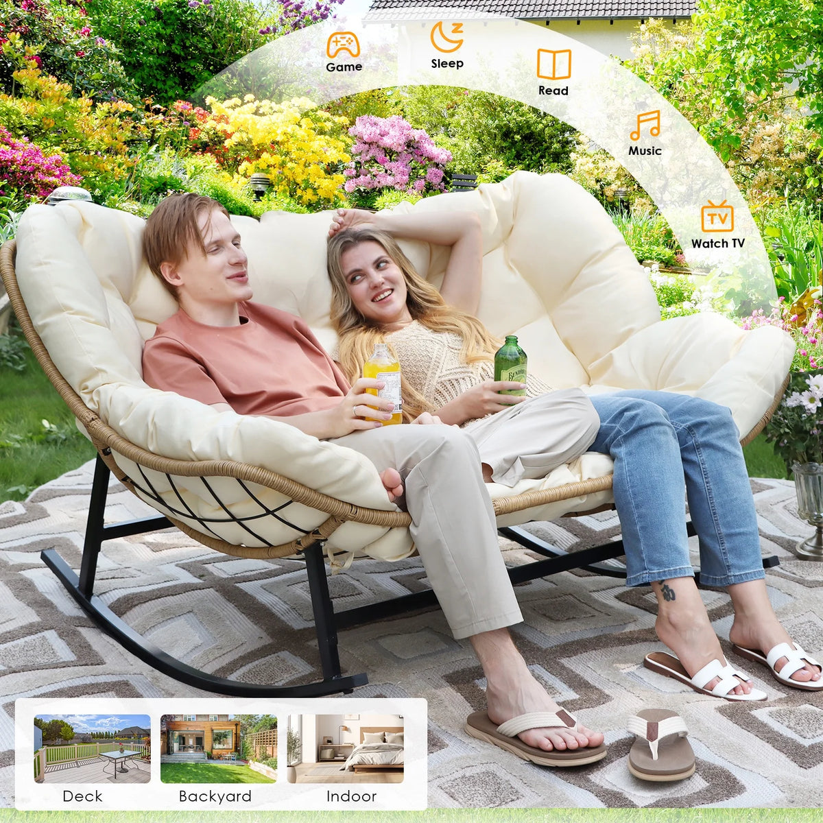 RADIATA Beige Double Outdoor Rocking Chair, 2 Person Patio Rocking Egg Chair with Thick Cushion