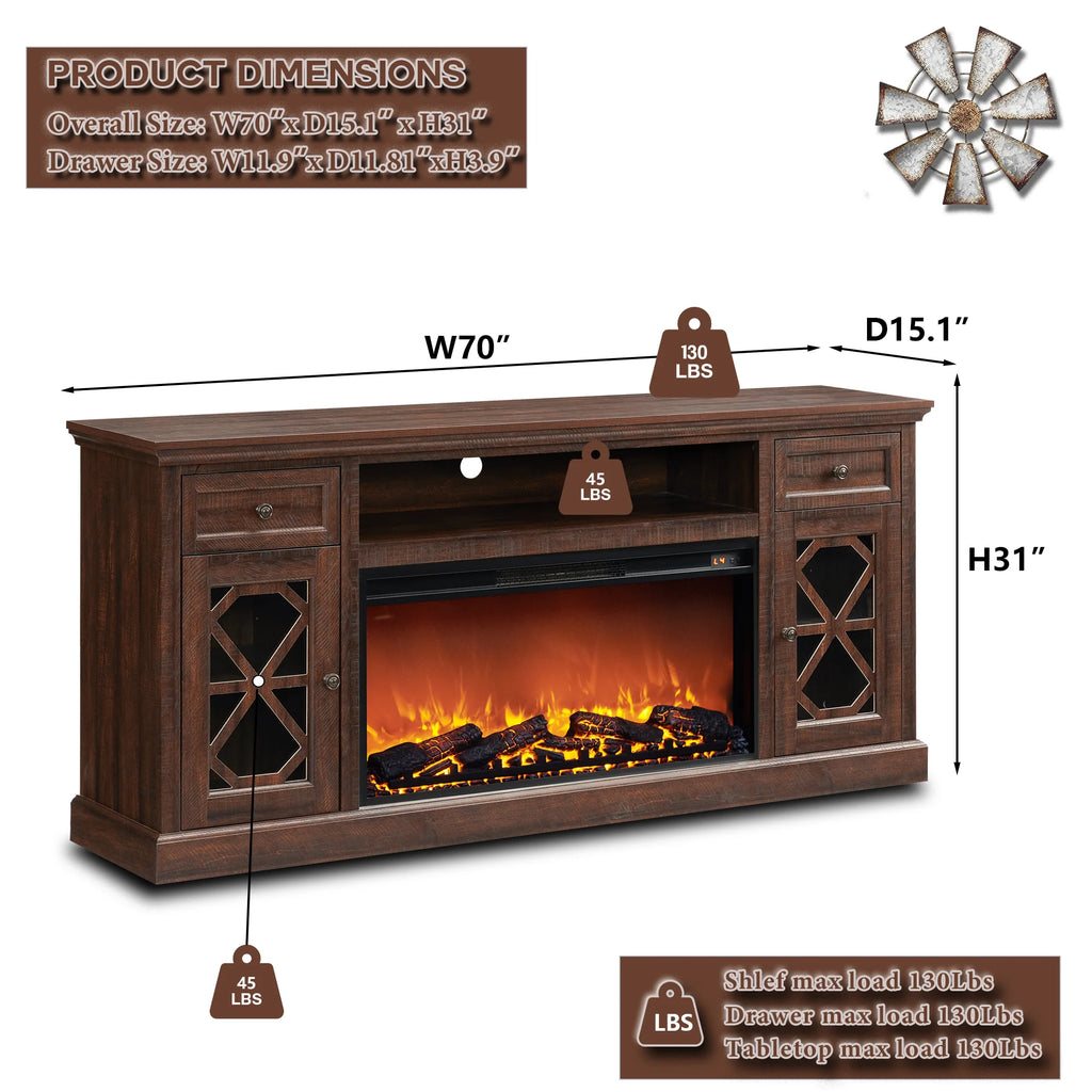 SinCiDo Farmhouse Fireplace TV Stand 75 Inch, Electric Fireplace TV Stand Up to 80 Inch TVs, Entertainment Center with Fireplace for Living Room