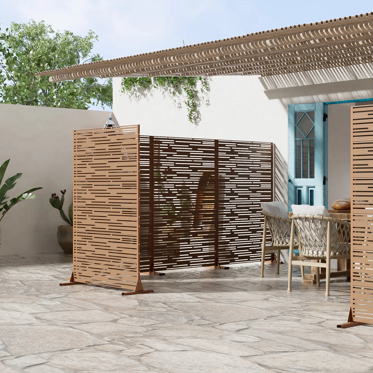 MAYEERTY 72 �� 47in Outdoor Privacy Screen with Stand Metal Balcony Decorative Screen, Black
