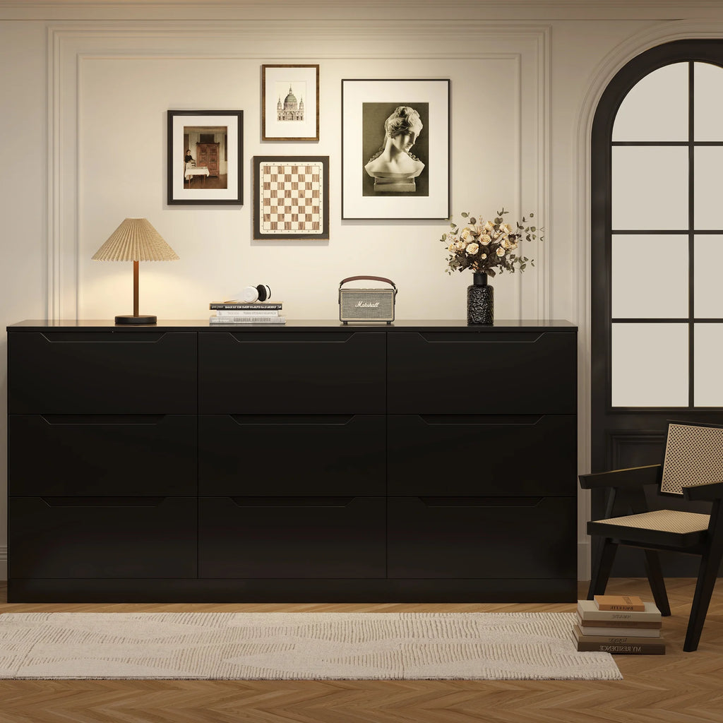 Winkalon 9 Drawers Double Dresser, Modern Wood Dresser Chest of Drawers with Large Storage Space for Bedroom,Living Room, Hallway, Black