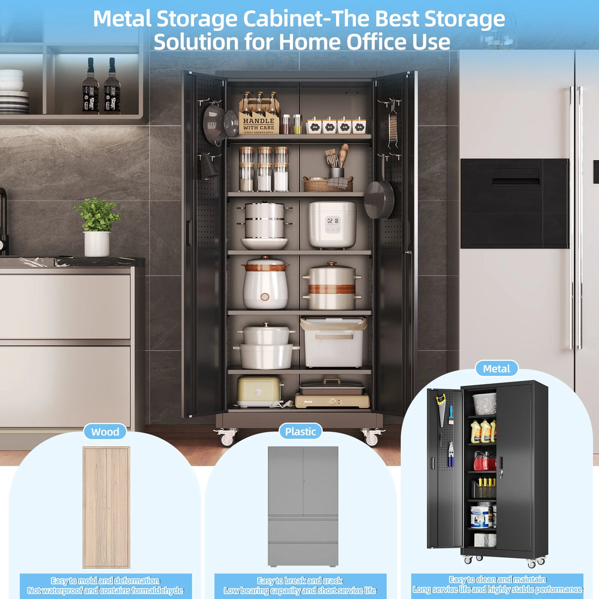 GangMei 71 inches Tall Metal Rolling Garage Storage Cabinets with Locking Doors and 5 Adjustable Shelves, Metal Storage Cabinet for Garage, Office, Home, Classroom, Assemble Required(Black)