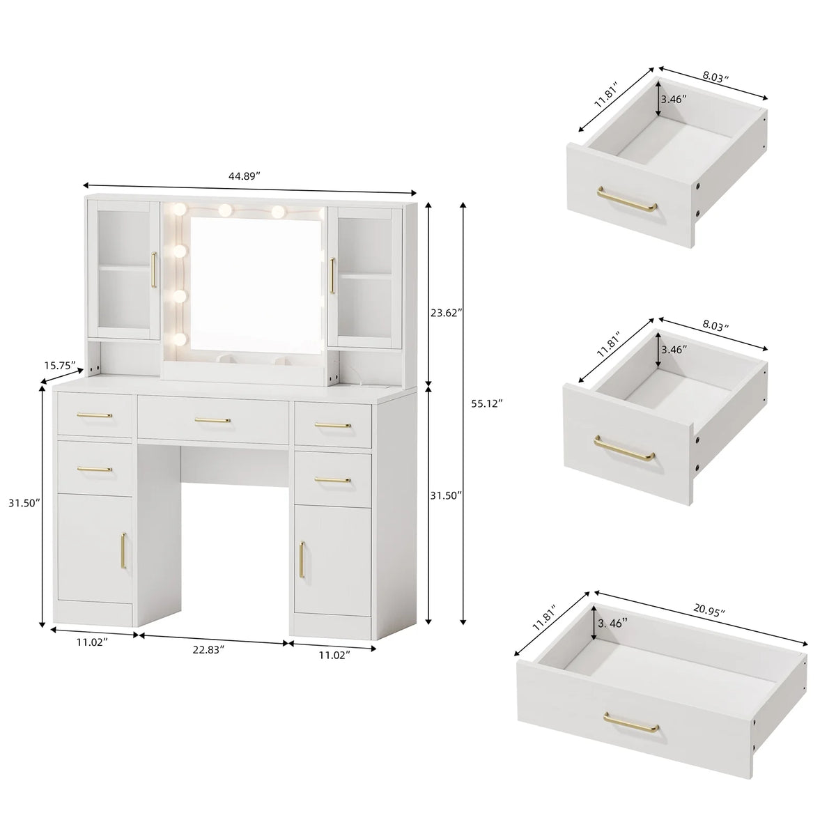 UGTOO 58.3" White Vanity Desk with Mirror, Adjustable Lighting, Power Outlet, Drawers, with Stool