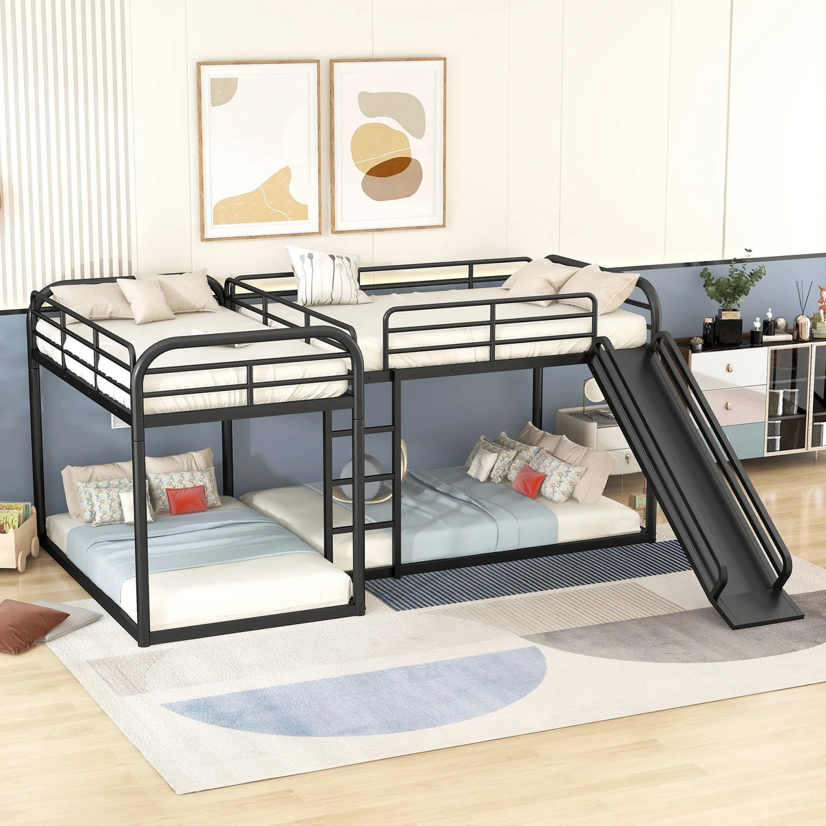 Full and Twin Size L-Shaped Quadruple Metal Bunk Bed with Slide for Kids, Black