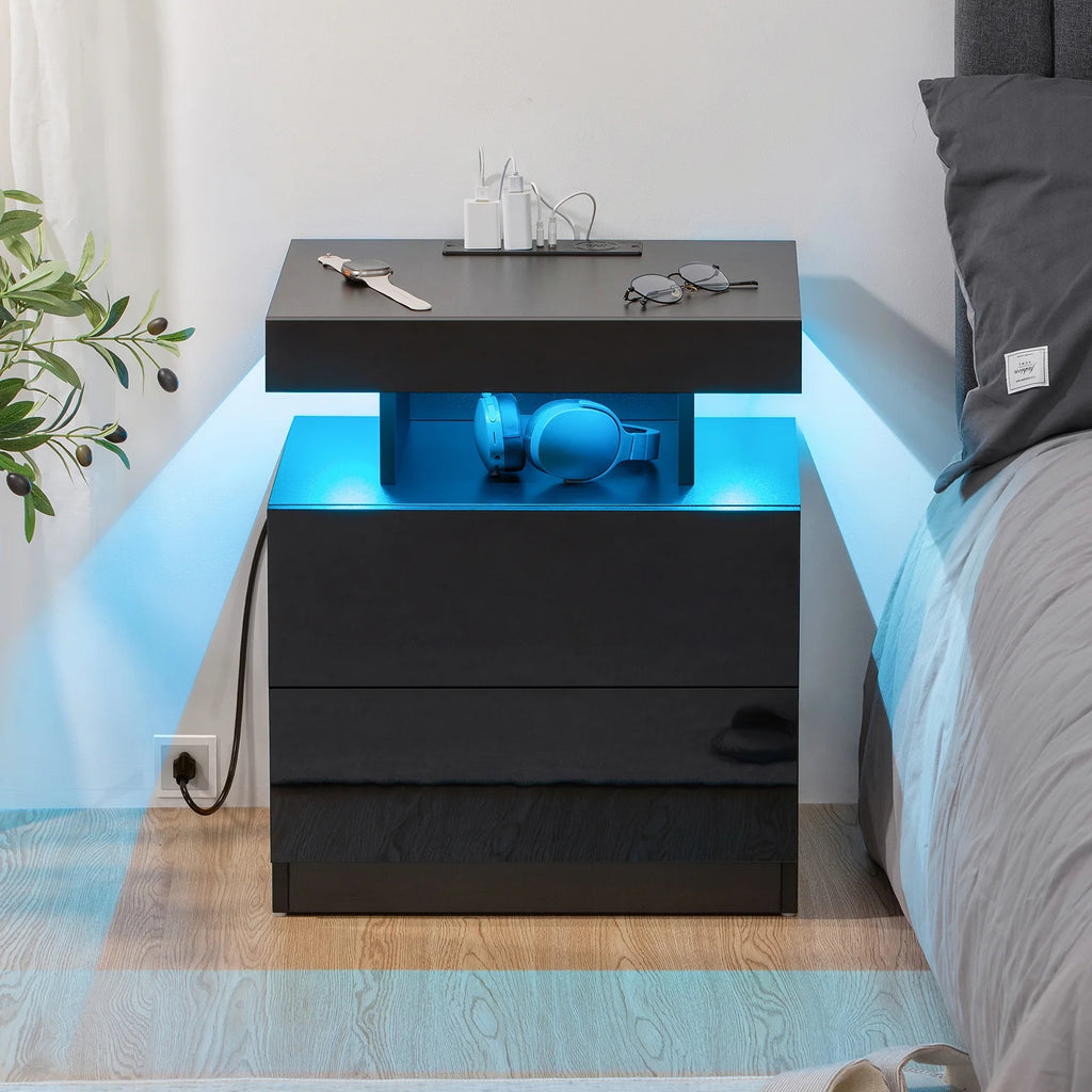 Hommpa LED Nightstand with Wireless Charging Station Modern Nightstand Type C USB Port 2 Drawers Bedside Table Black Smart Night Table High Gloss End Side Table for Bedroom Furniture 22.3" Tall