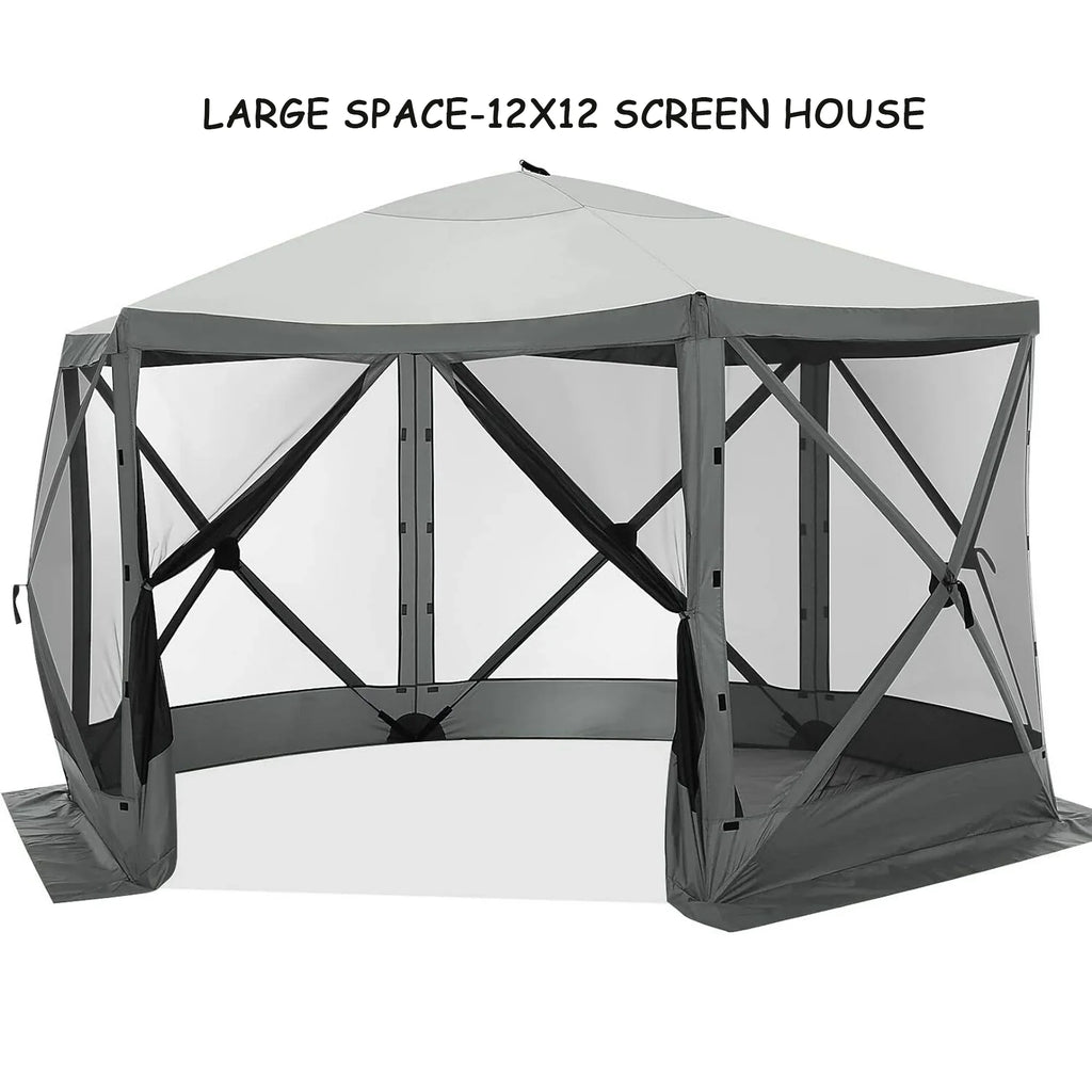 COBIZI 12x12 Pop Up Canopy Gazebo, Outdoor Canopy Tent Screen House with 5 sidewalls and Netting for Camping, Waterproof, UV Resistant, Ez Set-up Party Tent with Carrying Bag and Ground Stakes,Brown